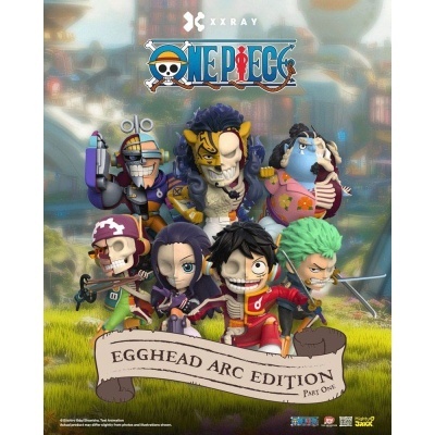 Figuras colecionáveis One Piece estilo esqueleto e colorido com texto promocional