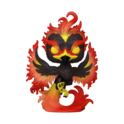 Figura colecionável estilizada de Fénix colorida em preto, amarelo, vermelho e laranja