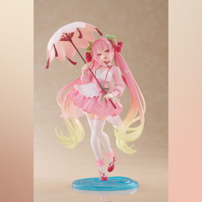 Estatueta anime rosa com guarda-chuva e base azul