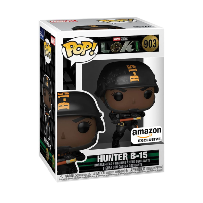 Figura POP! Hunter B-15 da Marvel Studios Loki com capacete preto, roupa preta e caixa com selo Amazon Exclusive