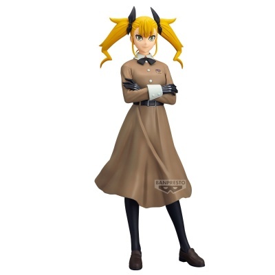 Figura colecionável feminina com vestido castanho e cabelo louro em tranças.