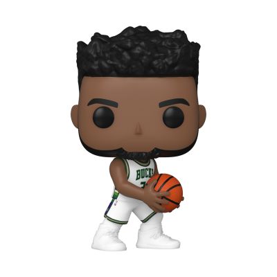 Figura Funko Pop de jogador de basquete com uniforme branco e bola laranja