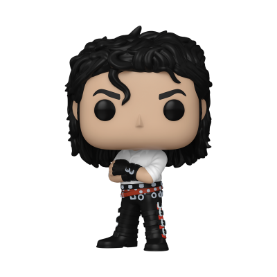 Boneco Funko Pop com roupa preta e branca e cabelo preto encaracolado