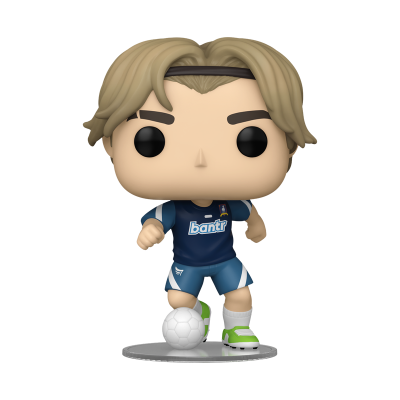 Figura Funko Pop de futebolista com roupa azul e bola de futebol