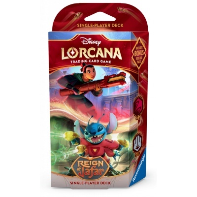 Pack Disney Lorcana Trading Card Game deck single-player Reign of Afar vermelho e azul.