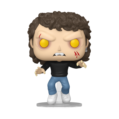 Boneco Funko Pop com cabelo castanho encaracolado e olhos amarelos com camisola preta e calças azuis