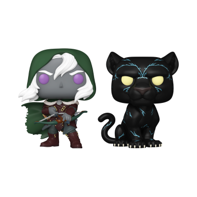 Duas figuras Funko Pop: personagem com capa verde e arco, e pantera preta com traços azuis