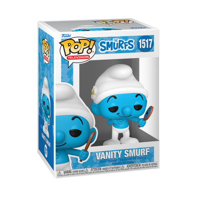 Figura Vanity Smurf dos Smurfs em vinil azul com chapéu branco e espelho, na caixa Pop! Television