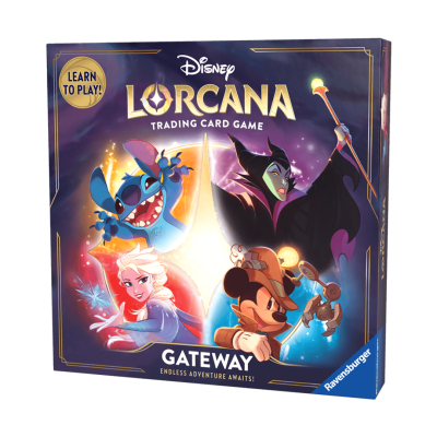 Caixa de jogo de cartas Disney Lorcana Gateway com personagens Stitch, Maléfica, Elsa e Mickey
