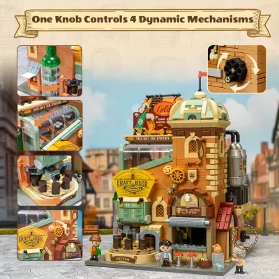 Modelo detalhado de microcervejaria com sinais CRAFT BEER e BEER TASTING STATION e figuras miniatura