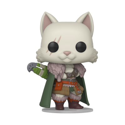 Figura Funko Pop de gato branco vestindo capa verde e roupa detalhada com cicatrizes no rosto