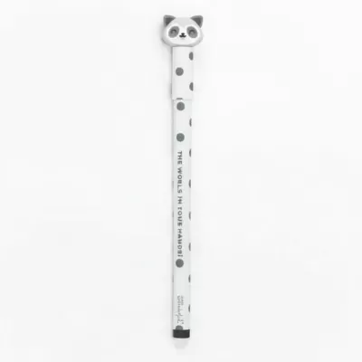 Lápis branco com pontos cinzentos e tampa em forma de cabeça de panda