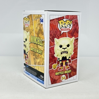 Embalagem de boneco Pop! Comics Battle Beast número 54 com fundo amarelo e vermelho