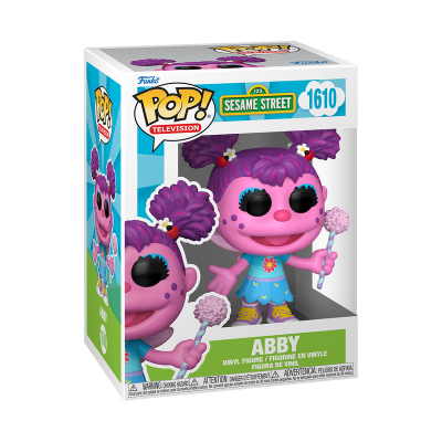 Boneco Funko Pop! Abby de Sesame Street em caixa com detalhes coloridos e texto