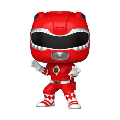Funko Pop do Power Ranger Vermelho com capacete vermelho e fato vermelho com padrões brancos