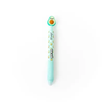 Caneta azul claro decorada com abacates e topo com abacate sorridente