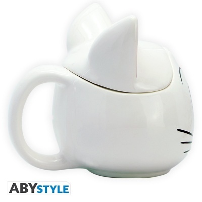 Caneca branca em forma de cabeça de gato com orelhas e detalhes pretos, marcada com logo ABYSTYLE