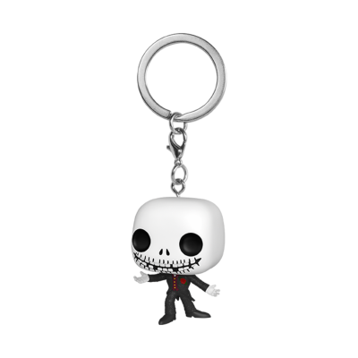 Chaveiro Funko Pop Jack Skellington com cabeça branca e corpo de fato preto