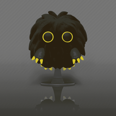 Figura Funko Pop preta com olhos e unhas amarelas em suporte cinza