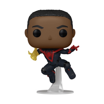 Figura Funko Pop de personagem com fato preto e vermelho e mão amarela