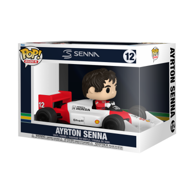 Figura Funko Pop! Ayrton Senna nº 12 em carro de corrida vermelho e branco na embalagem