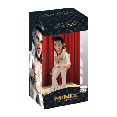 Figura colecionável Elvis Presley com microfone em embalagem preta com texto e estrelas