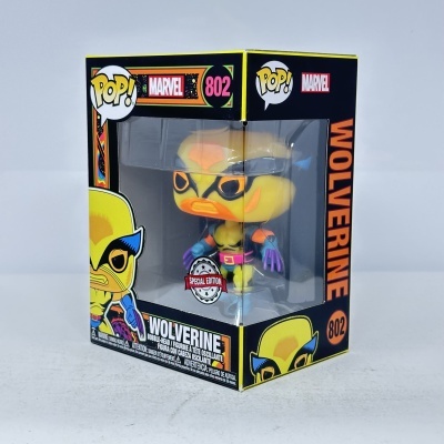 Figura Funko Pop! Wolverine Marvel na caixa preta com detalhes amarelos e vermelhos