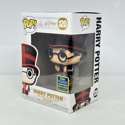 Figura Funko Pop! Harry Potter com chapéu alto vermelho e preto na caixa branca.