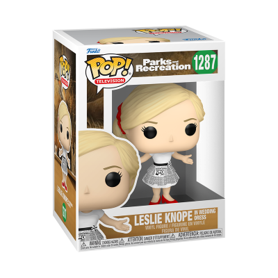 Figura Funko Pop! Leslie Knope com vestido de noiva na caixa