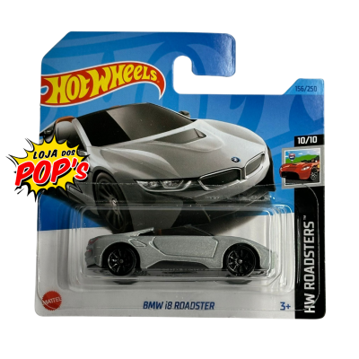 Miniatura de carro BMW i8 Roadster cinzento prateado Hot Wheels em embalagem azul