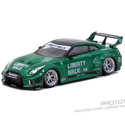 Miniatura de carro desportivo verde metalizado e preto com texto Liberty Walk.