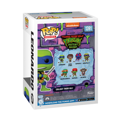 Caixa Funko Pop! Leonardo Tartarugas Ninja com texto e imagens das personagens.
