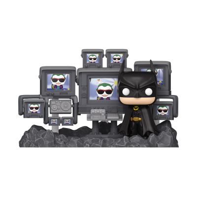 Figura Funko Pop do Batman com vários ecrãs mostrando o Joker