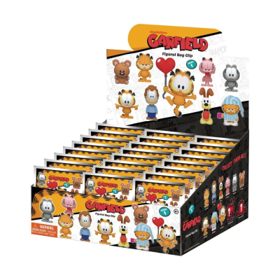 Expositor de embalagens do Figural Bag Clip Garfield com figuras dos personagens em várias posições.