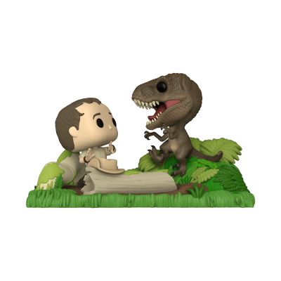 Figura de vinil estilo Funko Pop de homem deitado num tronco olhando para um dinossauro num cenário com relva.