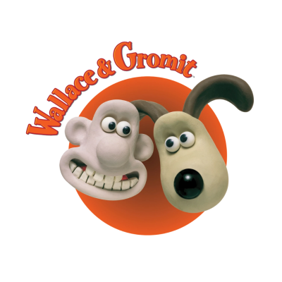 Cabeças dos personagens Wallace e Gromit em argila com círculo laranja e texto Wallace & Gromit