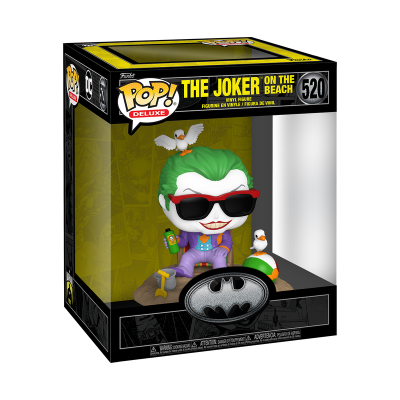 Figura POP! Deluxe do Joker na praia com óculos escuros e pássaros.