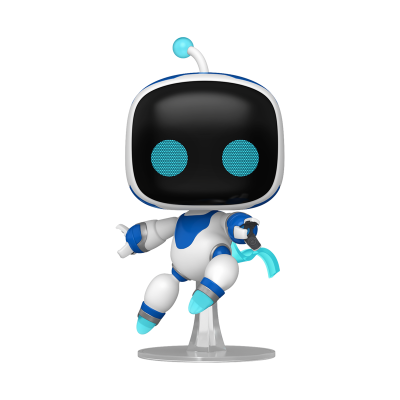 Boneco de robô branco e azul com visor preto e olhos azuis
