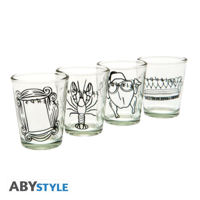 Conjunto de quatro copos de vidro com desenhos a preto