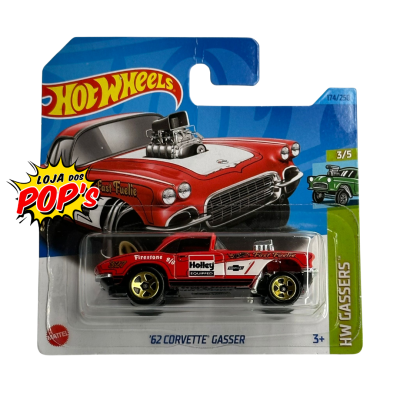 Carrinho de brinquedo Hot Wheels '62 Corvette Gasser vermelho em embalagem azul e verde