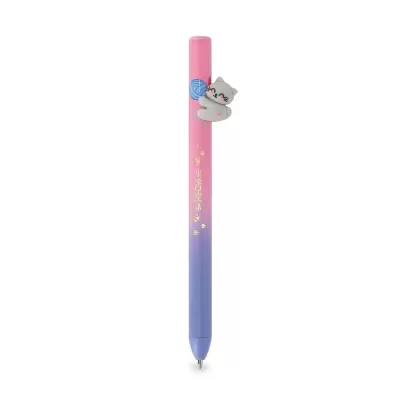 Caneta esferográfica rosa e azul com aplique de gato cinzento e texto MEOW