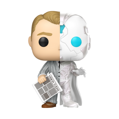 Figura Funko Pop meio humano meio robô, segurando um jornal com o texto VISION TODAY
