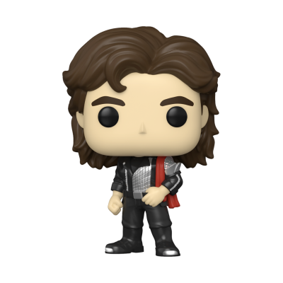 Figura colecionável Funko Pop com cabelo castanho ondulado e roupa preta