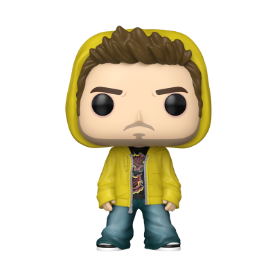 Figura Funko Pop de vinil com casaco amarelo e t-shirt preta com padrões coloridos.