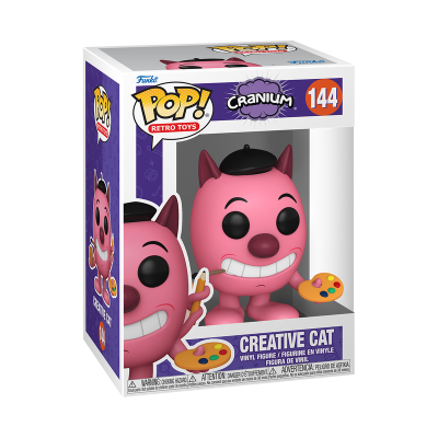 Figura Creative Cat rosa com boina preta e paleta de pintura em caixa Funko Pop! Retro Toys.
