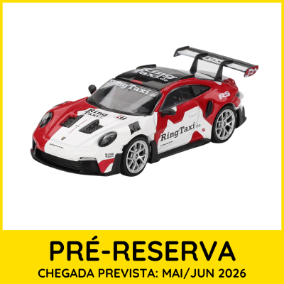 Miniatura de carro desportivo branco, vermelho e preto com texto RingTaxi.de