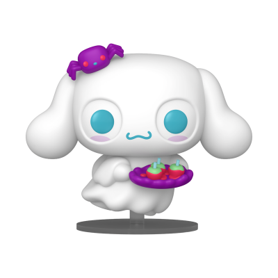 Figura Funko Pop de fantasma branco com aranha roxa e prato com maçãs coloridas