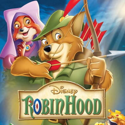 Desenho animado de Robin Hood com personagens raposas e texto Disney Robin Hood