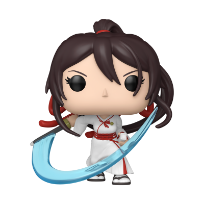 Figura Funko Pop com kimono branco e detalhes vermelhos, segurando espada com efeito azul