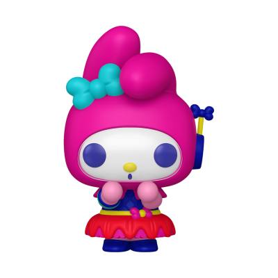 Figura de personagem colecionável em vinil com cabeça rosa e laço azul.